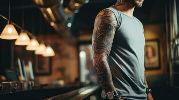 Tattooed arms of a muscular man. Blurred tattoo parlor on background. AI Generative photo