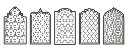 Ramadan window and door with pattern. Arabic arch vector shape in mosque. Arabesque arch frame with ornament.