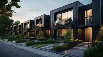 Modern modular private black townhouses. Residential architecture exterior. AI Generative photo