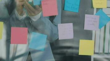 jovem ásia o negócio mulher trabalhando em projeto plano usando pegajoso papéis notas em vidro parede, pessoas encontro para compartilhar ideia, o negócio Projeto planejamento conceitos. video