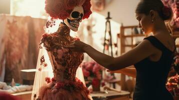 Woman tailor sews a dress for the Mexican holiday Day of the Dead. Santa Muerte. AI Generative photo