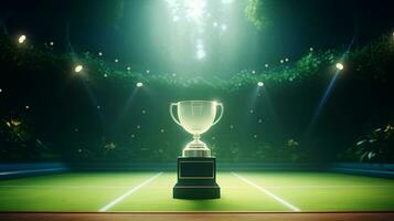 Champion trophy cup on sport stadium background. AI Generative photo