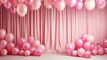 Colorful balloons in pink room prepared for birthday party AI Generative photo