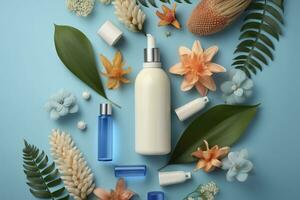 Fresh floral skincare concept. Top view flat lay of pump bottle, pipette, cream bottles, and tubes with flowers on pastel blue background with an empty circle for text or branding. AI Generative photo
