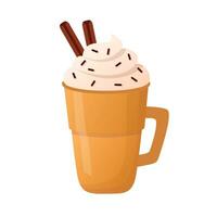 Orange mug with hot dessert drink, coffee, cacao decorated with a stick of cinnamon. Pumpkin spice latte. Flat cartoon style. vector