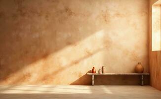 A light room in an old hut with wall, in the style of minimalist backgrounds photo