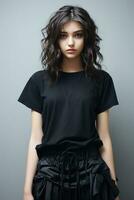 A girl posing against a wall wearing black pants and t shirt photo