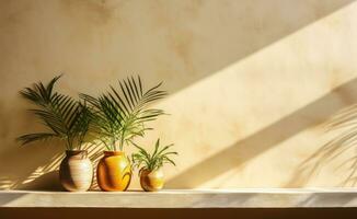 A bathroom of wall in the sunny day with palm leaf on it photo