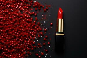 Red lipstick on silk background photo