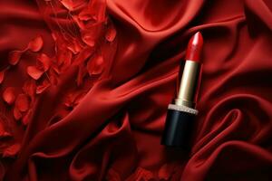 Red lipstick on silk background photo