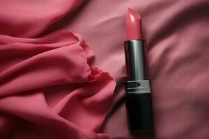 Pink lipstick on silk background photo