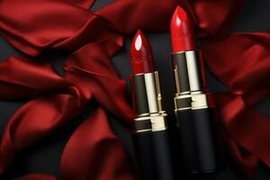 Red lipstick on silk background photo