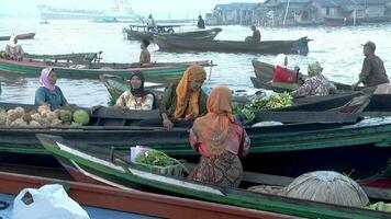 dagelijks ochtend- werkzaamheid Bij drijvend markt Kuin rivier- banjarmasin, zuiden Kalimantan Indonesië video