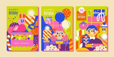 3 cumpleaños plantillas, a4 tamaño. dulces, linda animales, globos, un chico y un niña felicitando en el fiesta y un enorme pastel. para para niños fiestas, invitaciones, saludos, tarjetas y mucho más vector