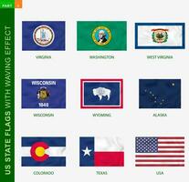 Set of US state flags with waving effect, national flag with texture. vector