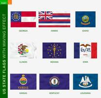 Set of US state flags with waving effect, national flag with texture. vector