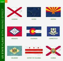 Set of US state flags with waving effect, national flag with texture. vector