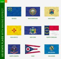 Set of US state flags with waving effect, national flag with texture. vector