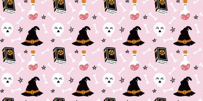 Seamless pattern hat, skull, spell book, bones, potion on pink background for halloween in flat vector style