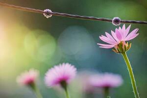 pink flowers are on a wire with sunlight. AI-Generated photo