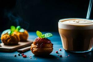 coffee and pastries on a dark table. AI-Generated photo