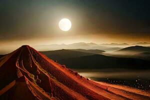 a mountain with a red roof and a full moon. AI-Generated photo