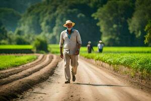 an elderly man walking down a dirt road in a field. AI-Generated photo