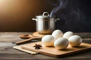 eggs on a wooden cutting board with spices. AI-Generated photo