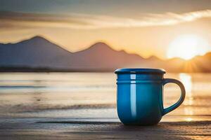 blue coffee mug on the beach at sunset. AI-Generated photo