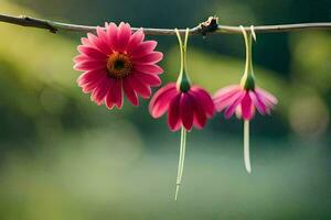 three pink flowers hanging from a branch. AI-Generated photo