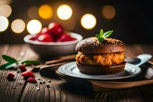 a hamburger with meat and berries on a plate. AI-Generated photo