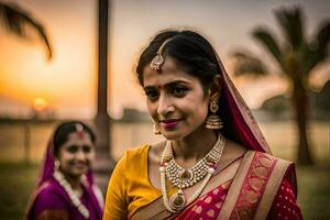 a beautiful indian bride in a traditional sari. AI-Generated photo