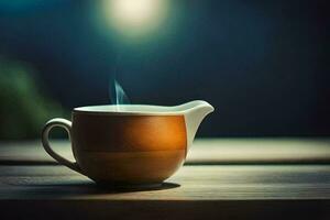 a wooden teapot on a table with a bright light. AI-Generated photo