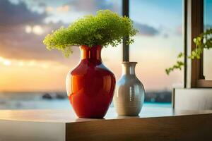 two vases with flowers on a table in front of a window. AI-Generated photo