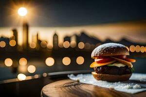 un hamburguesa sentado en un de madera mesa con un ciudad en el antecedentes. generado por ai foto