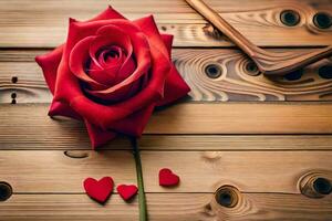 un rojo Rosa en un de madera mesa con corazones. generado por ai foto