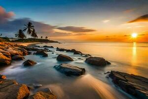 the sun sets over the ocean and rocks on the beach. AI-Generated photo