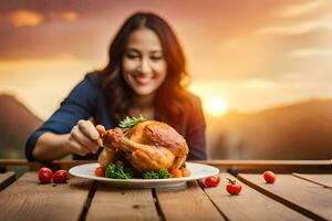 a woman is eating a roasted chicken on a table. AI-Generated photo