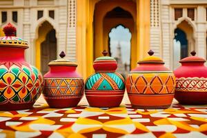 a row of colorful vases on a colorful floor. AI-Generated photo