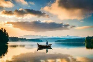 a man in a boat on a lake at sunrise. AI-Generated photo