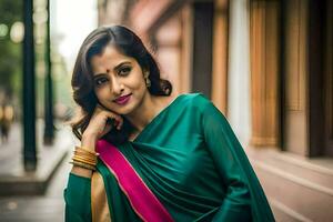 a woman in a green sari posing for a photo. AI-Generated photo