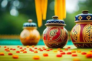 three colorful vases with colorful designs on them. AI-Generated photo