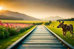 a horse standing on a train track in front of a field. AI-Generated photo