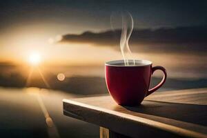 a cup of coffee on a wooden table with a view of the sunset. AI-Generated photo