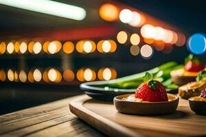three small plates with strawberries and cheese on a wooden table. AI-Generated photo