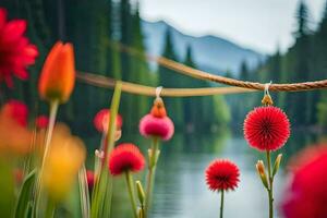 rojo flores son colgando desde un cuerda cerca un lago. generado por ai foto