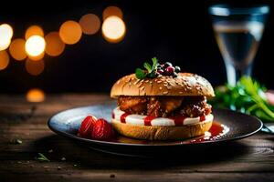 a burger with sauce and strawberries on a plate. AI-Generated photo