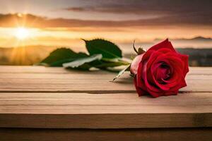 a single red rose sits on a wooden table in front of the sunset. AI-Generated photo
