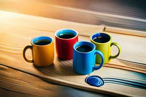 three colorful coffee cups on a wooden table. AI-Generated photo