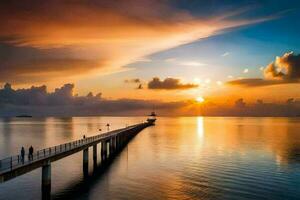 a pier with a sunset over the water. AI-Generated photo